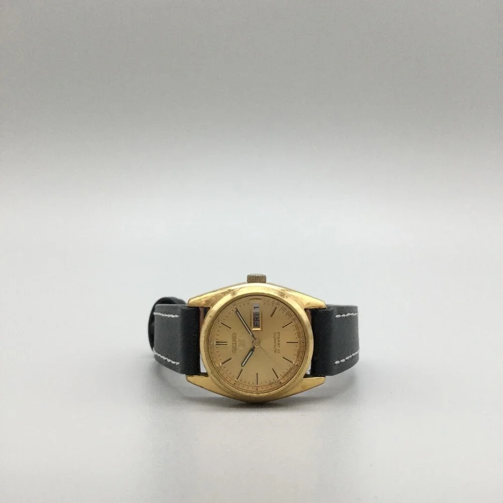Vintage Seiko 5 Automatic 17j Womens Watch 23mm Gold Tone 4206-0339 Leather